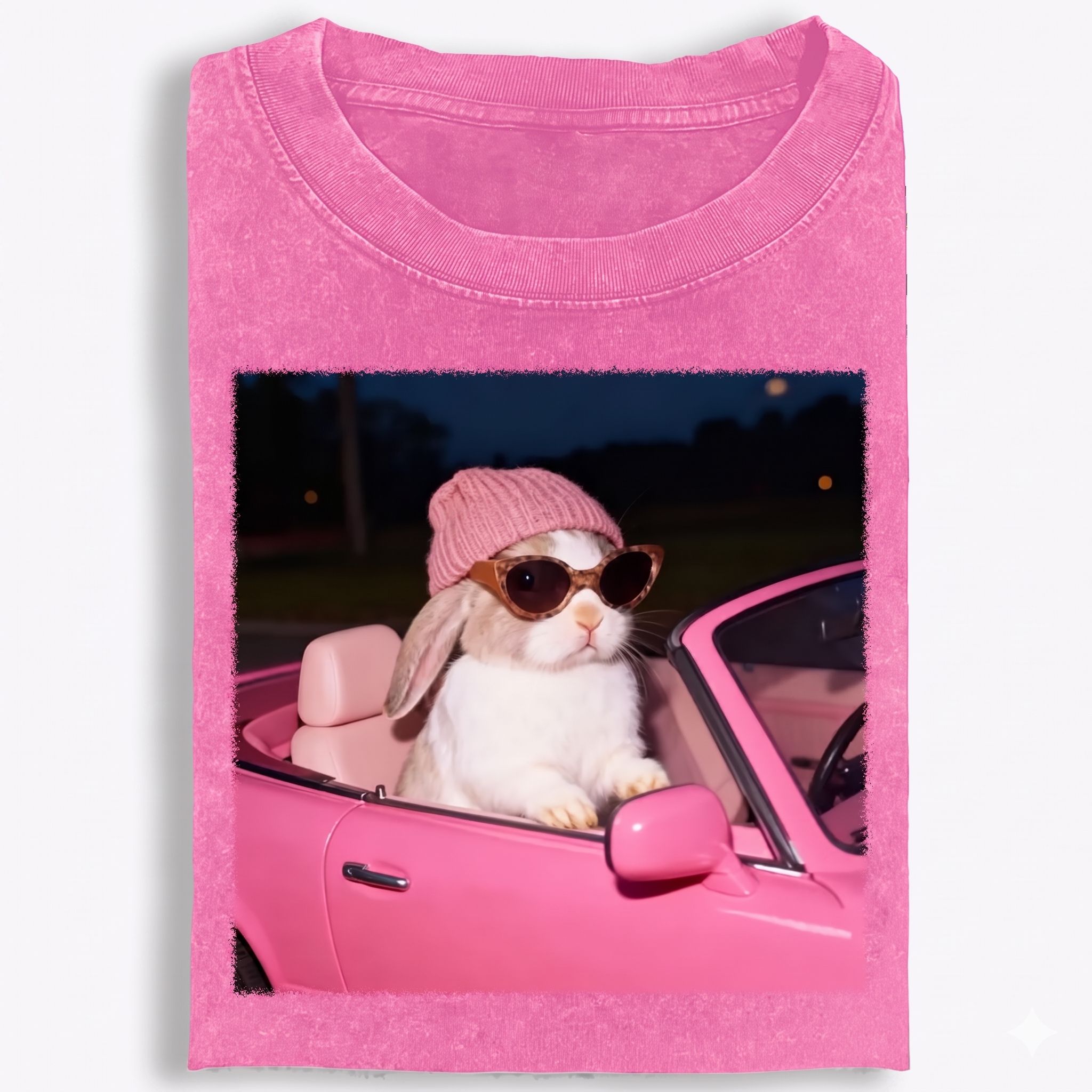 Fashion Bunny Cruising In Pink Car Retro Washed T-Shirt | 100% Cotton | Streetwear Essential
