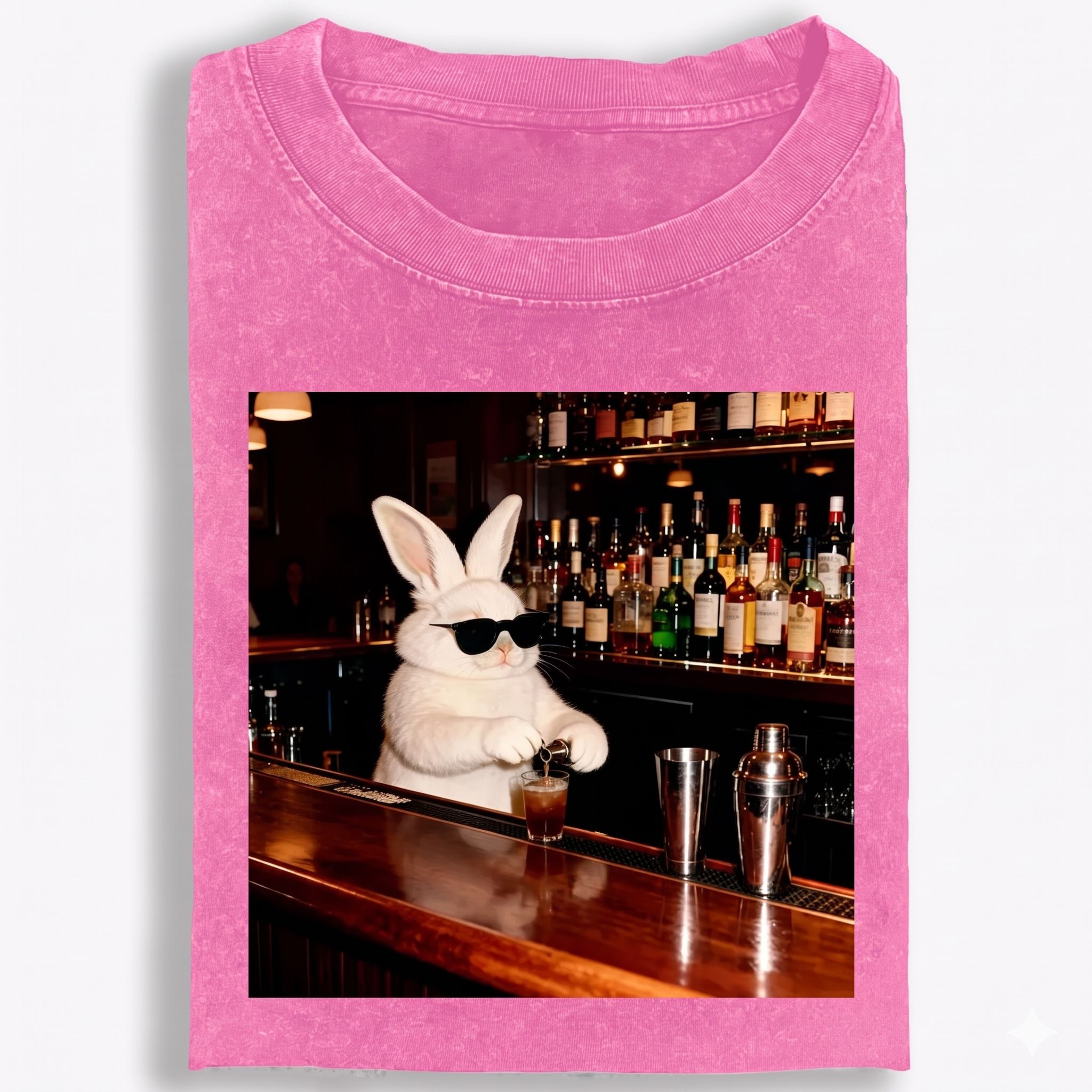 Bartender Rabbit Cool Guy Retro Washed T-Shirt | 100% Cotton | Streetwear Essential