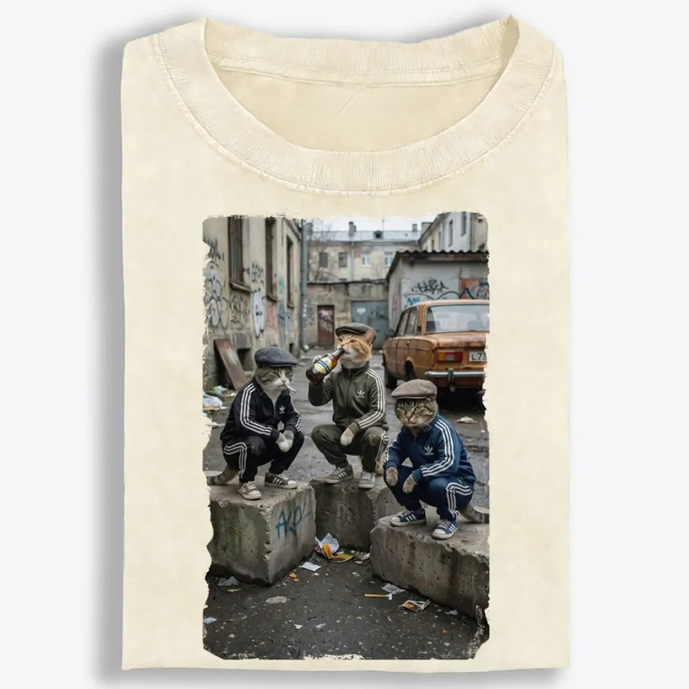 Slav Cat Crew Hardcore Retro Washed T-Shirt | 100% Cotton | Streetwear Essential
