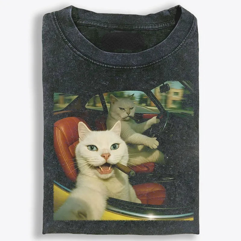 Cats With Cigars, Retro Vibes Washed T-Shirt | 100% Cotton | Streetwear Essential