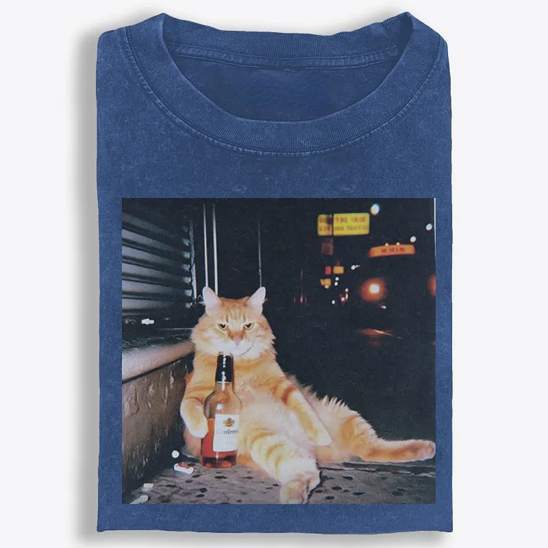 Street Drunk Cat Meme Retro Washed T-Shirt | 100% Cotton | Streetwear Essential