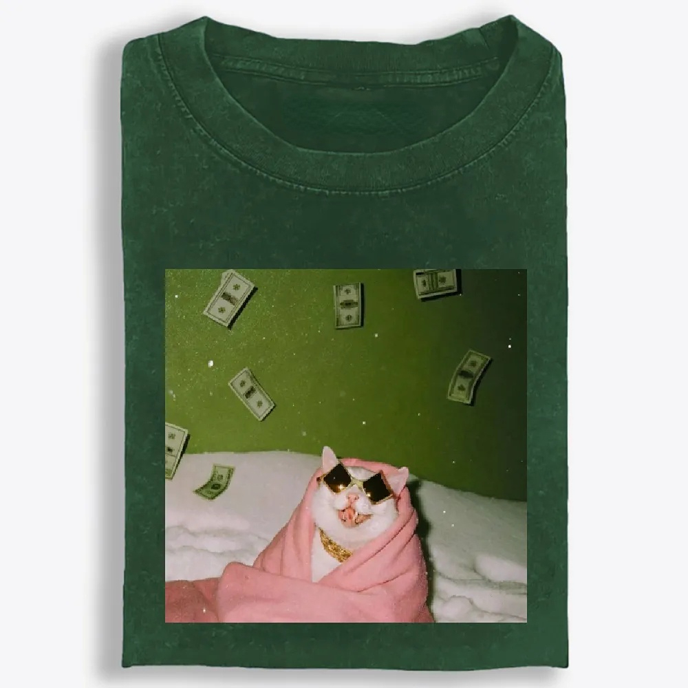 Rich Cat with Money Retro Washed T-Shirt | 100% Cotton | Streetwear Essential