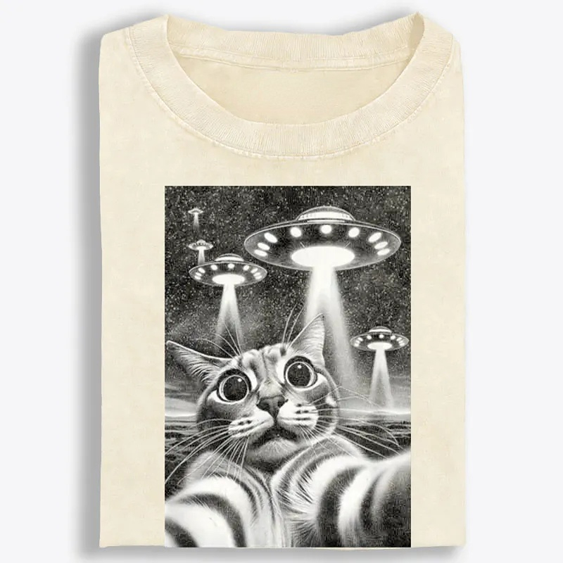 Cat Selfie with UFOs Sci-Fi Retro Washed T-Shirt | 100% Cotton | Streetwear Essential