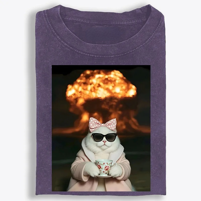 Cat with Tea & Nuclear Explosion Retro Washed T-Shirt | 100% Cotton | Streetwear Essential