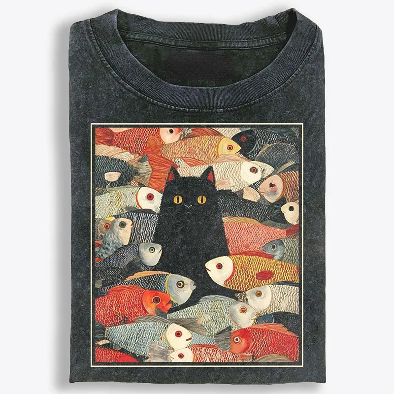Black Cat Among Fish Art Retro Washed T-Shirt | 100% Cotton | Streetwear Essential