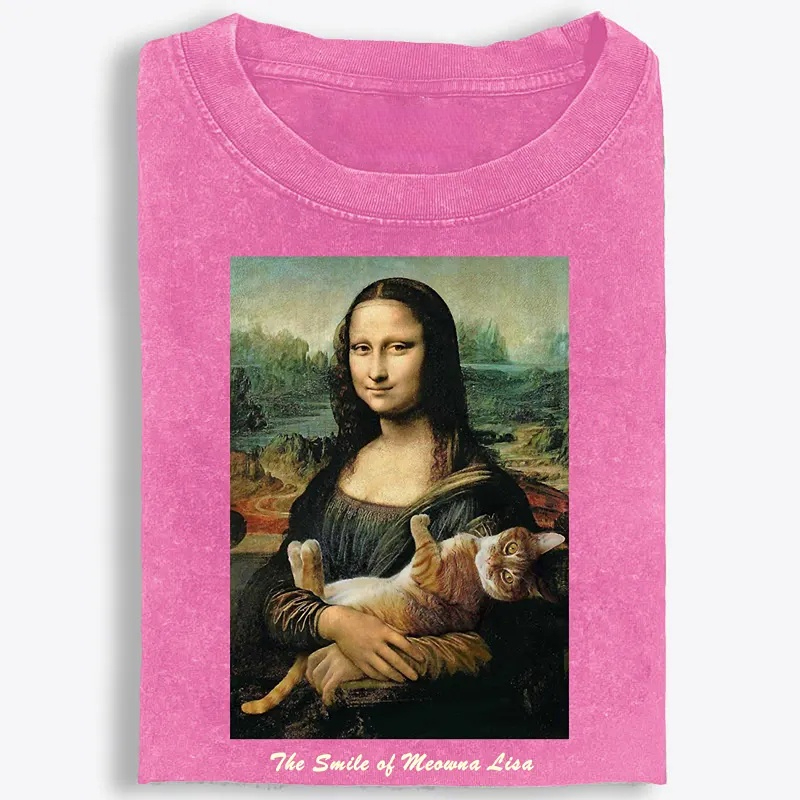 Meowna Lisa Mona Lisa Cat Parody Retro Washed T-Shirt | 100% Cotton | Streetwear Essential