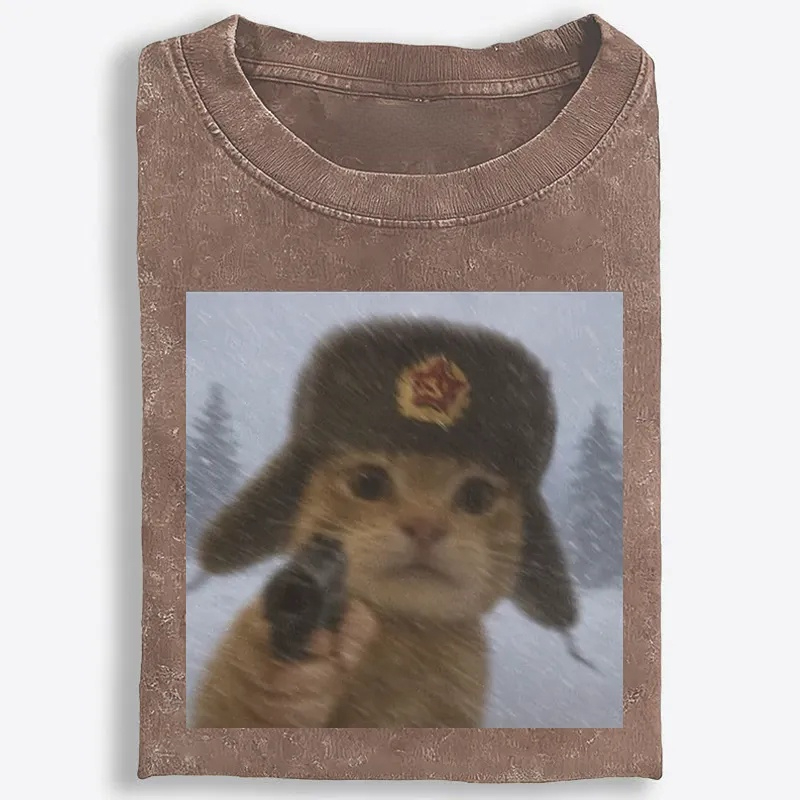 Soviet Ushanka Cat Retro Washed T-Shirt | 100% Cotton | Streetwear Essential