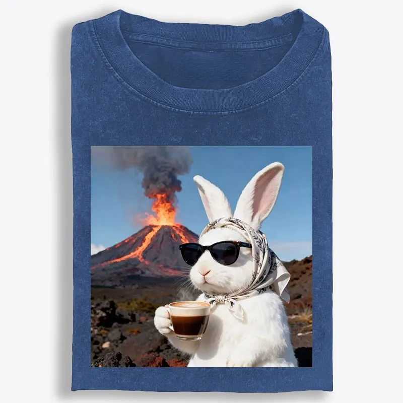Volcano Coffee Bunny Retro Washed T-Shirt | 100% Cotton | Streetwear Essential