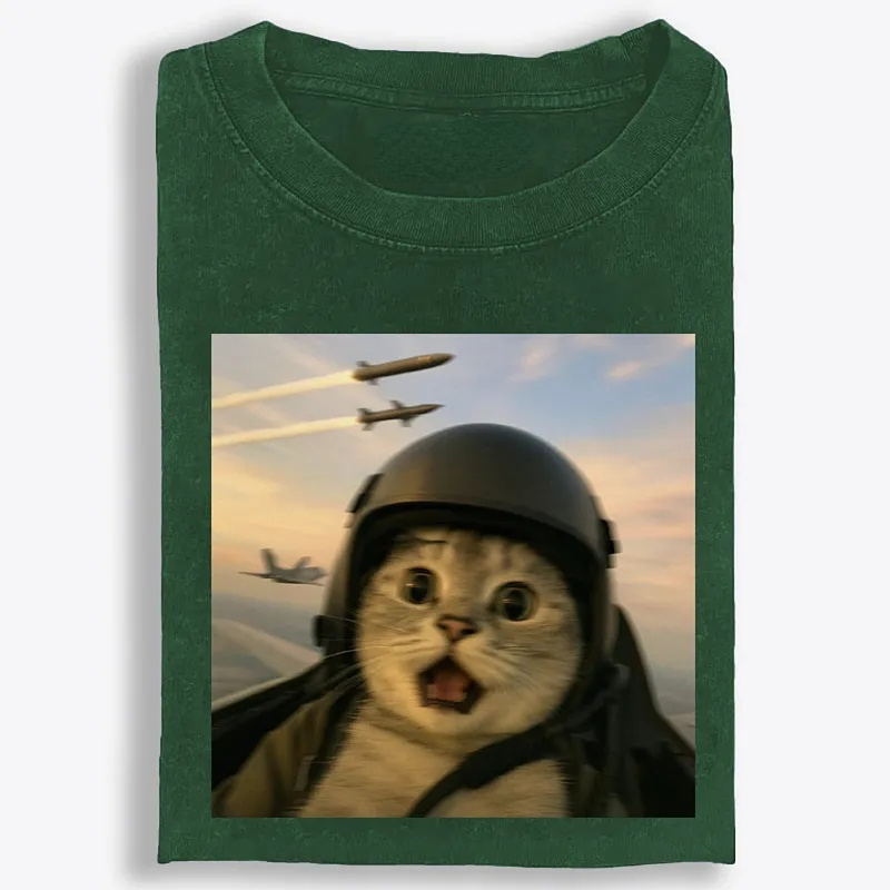 Fighter Jet Cat Pilot Meme Retro Washed T-Shirt | 100% Cotton | Streetwear Essential
