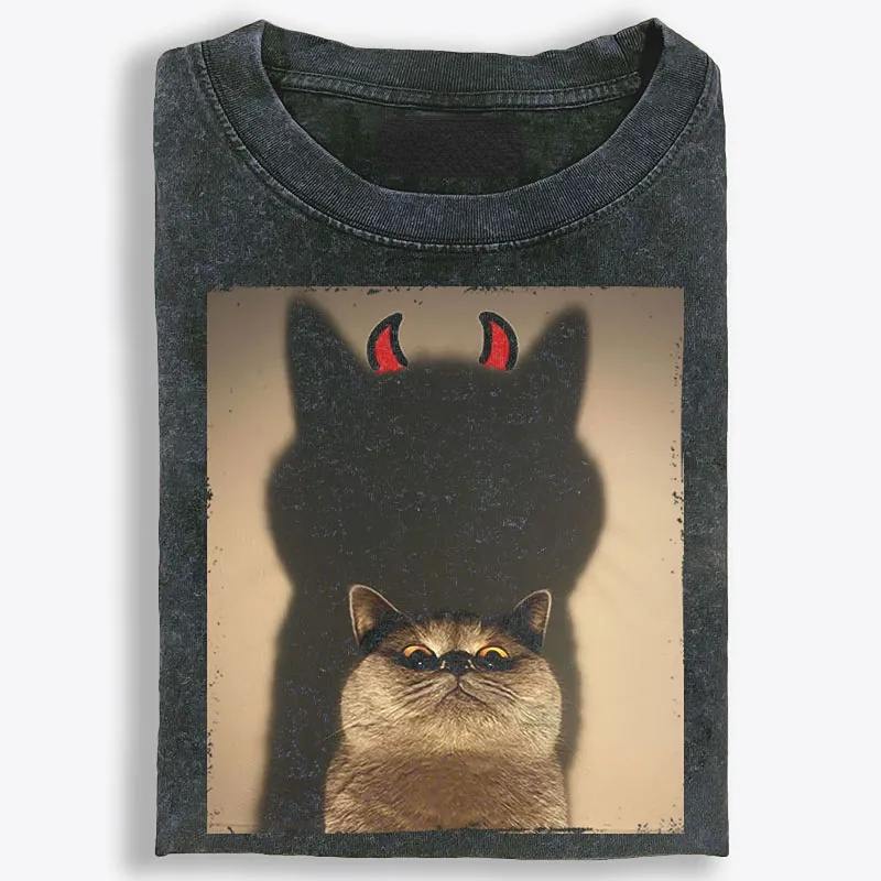 Demon Shadow Cat Meme Retro Washed T-Shirt | 100% Cotton | Streetwear Essential