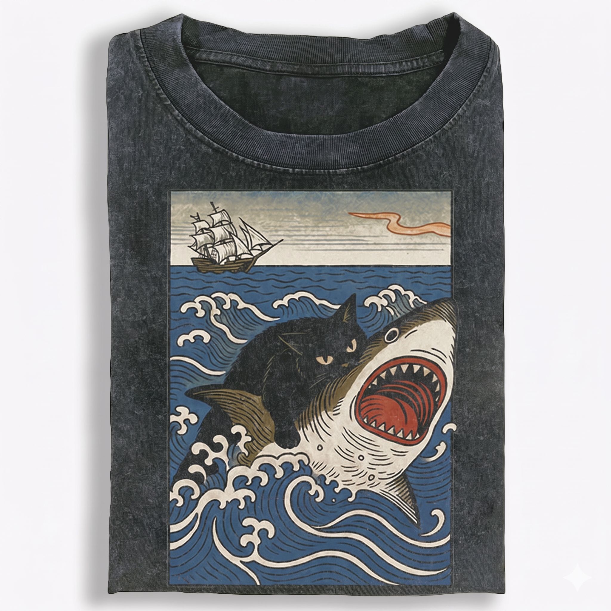 Ukiyo-e Cat Riding Shark Retro Washed T-Shirt | 100% Cotton | Streetwear Essential