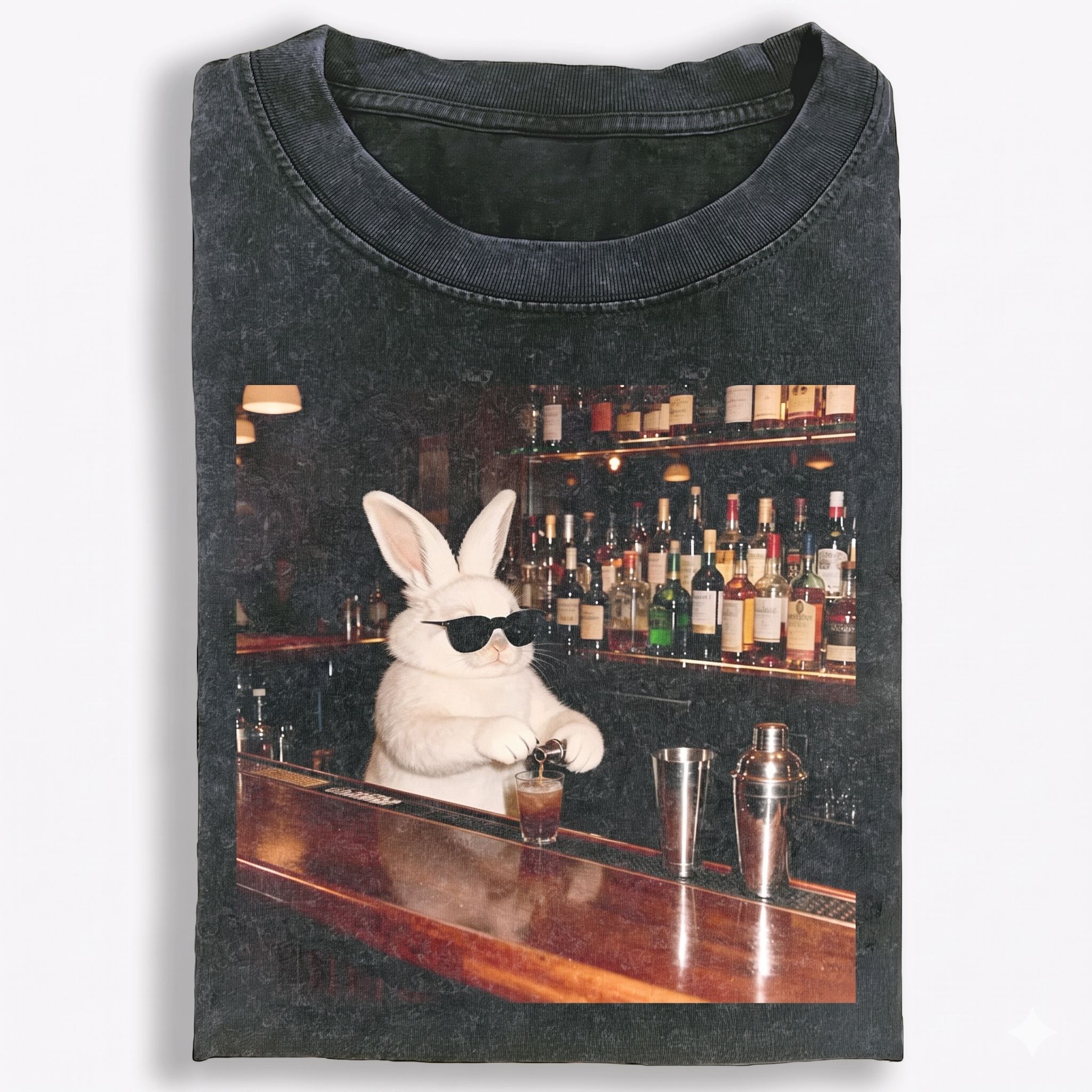 Bartender Rabbit Cool Guy Retro Washed T-Shirt | 100% Cotton | Streetwear Essential