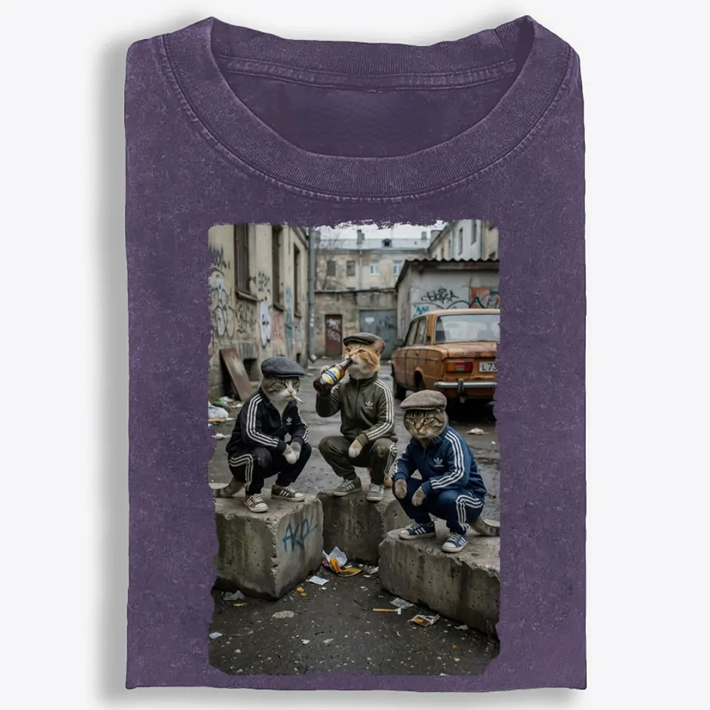 Slav Cat Crew Hardcore Retro Washed T-Shirt | 100% Cotton | Streetwear Essential