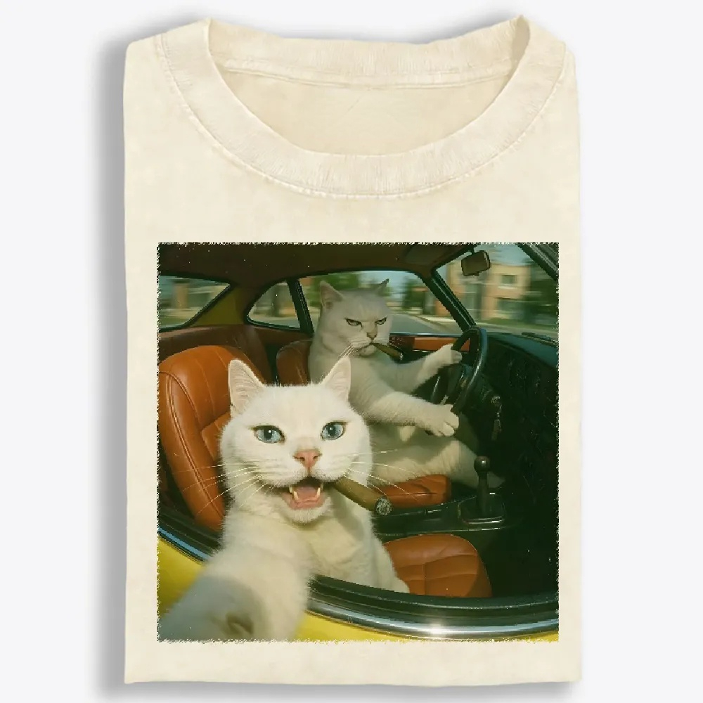 Cats With Cigars, Retro Vibes Washed T-Shirt | 100% Cotton | Streetwear Essential