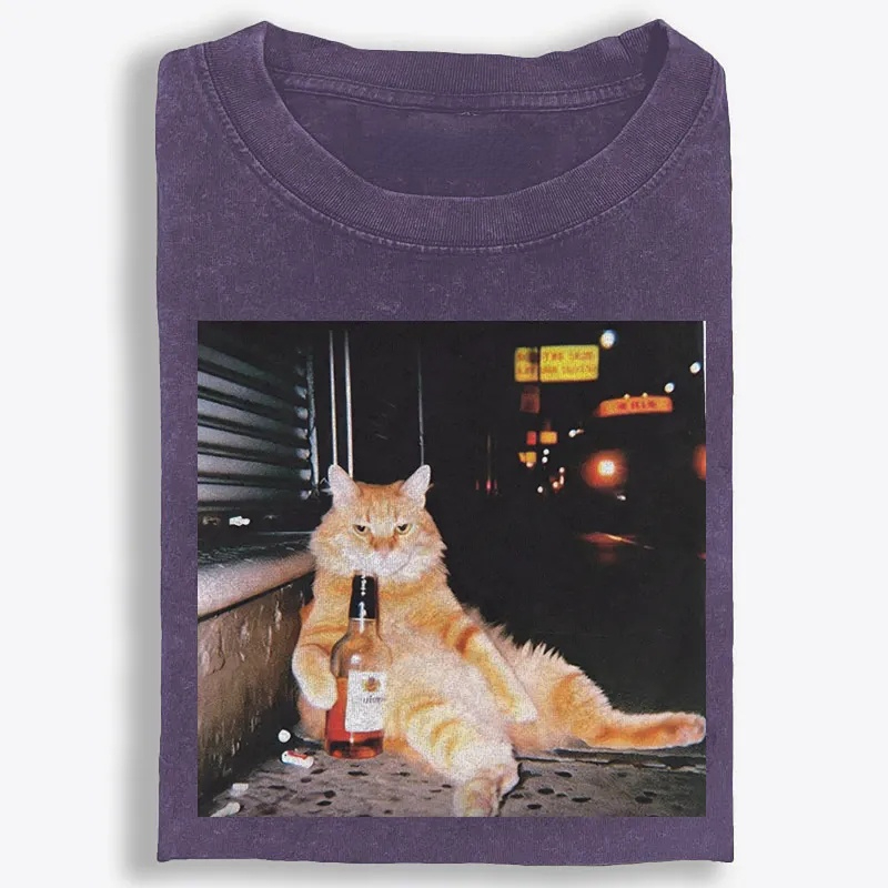 Street Drunk Cat Meme Retro Washed T-Shirt | 100% Cotton | Streetwear Essential