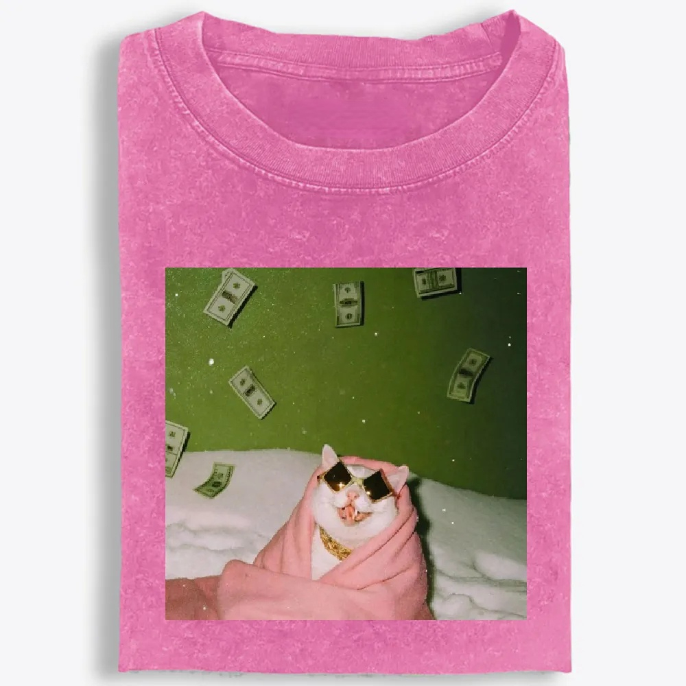 Rich Cat with Money Retro Washed T-Shirt | 100% Cotton | Streetwear Essential