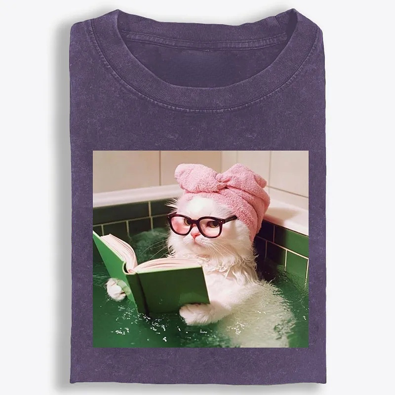 Bathtub Reading Cat Aesthetic Retro Washed T-Shirt | 100% Cotton | Streetwear Essential