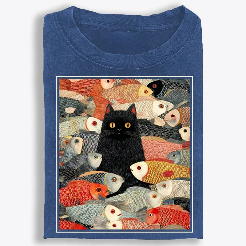 Black Cat Among Fish Art Retro Washed T-Shirt | 100% Cotton | Streetwear Essential
