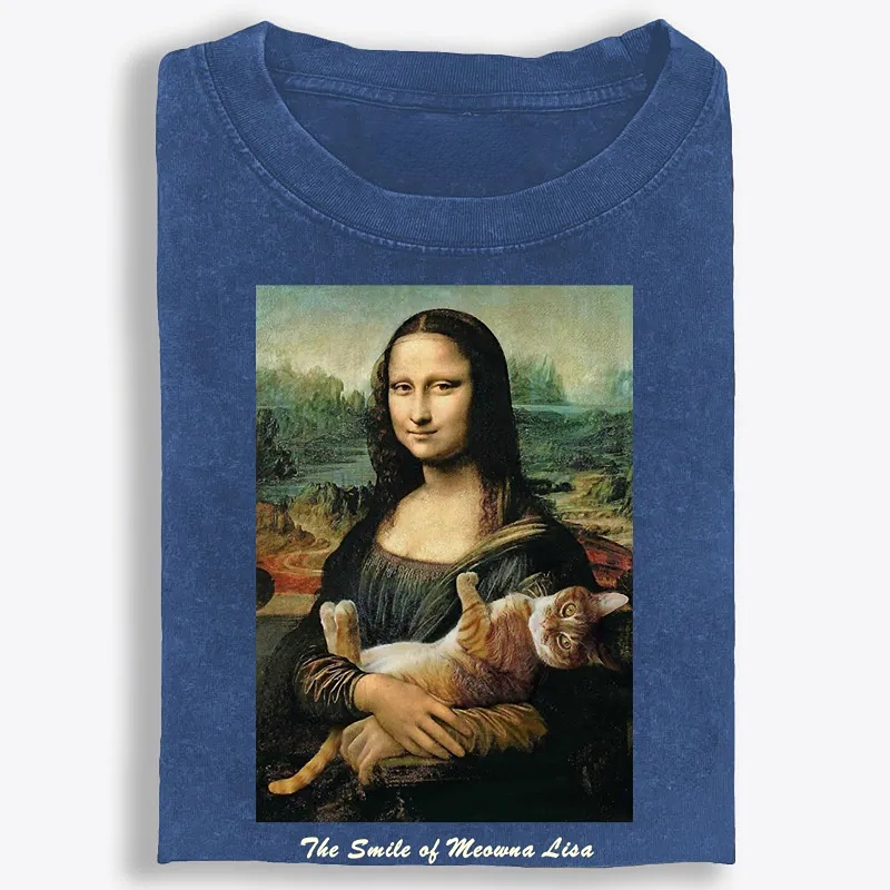 Meowna Lisa Mona Lisa Cat Parody Retro Washed T-Shirt | 100% Cotton | Streetwear Essential