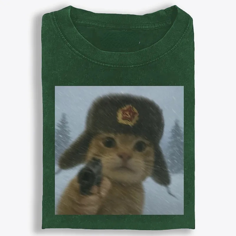 Soviet Ushanka Cat Retro Washed T-Shirt | 100% Cotton | Streetwear Essential
