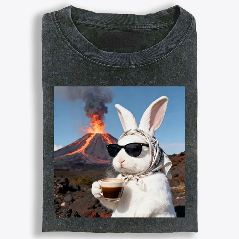 Volcano Coffee Bunny Retro Washed T-Shirt | 100% Cotton | Streetwear Essential