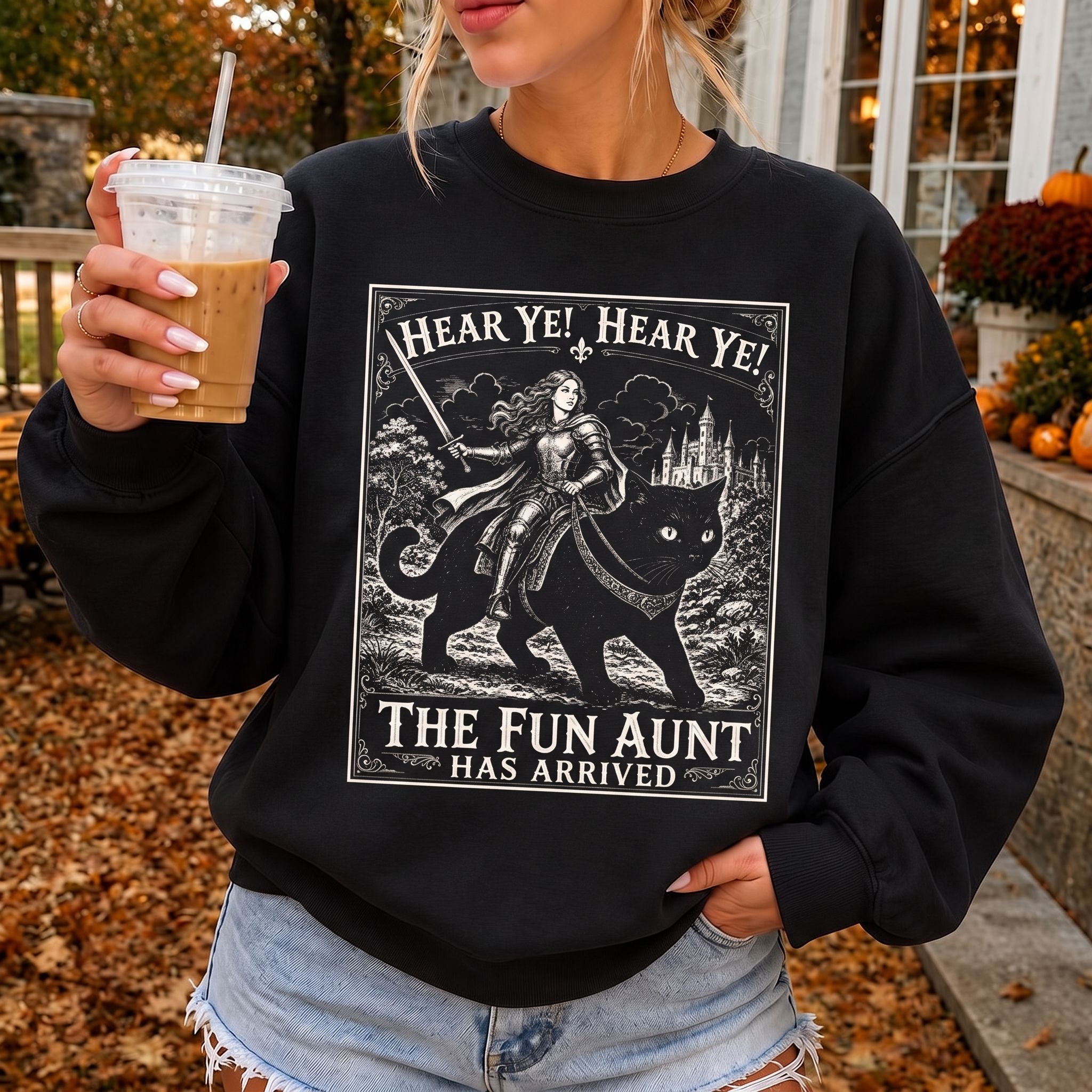 Fun Aunt Knight Riding Black Cat Sweatshirt