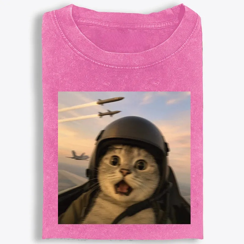 Fighter Jet Cat Pilot Meme Retro Washed T-Shirt | 100% Cotton | Streetwear Essential