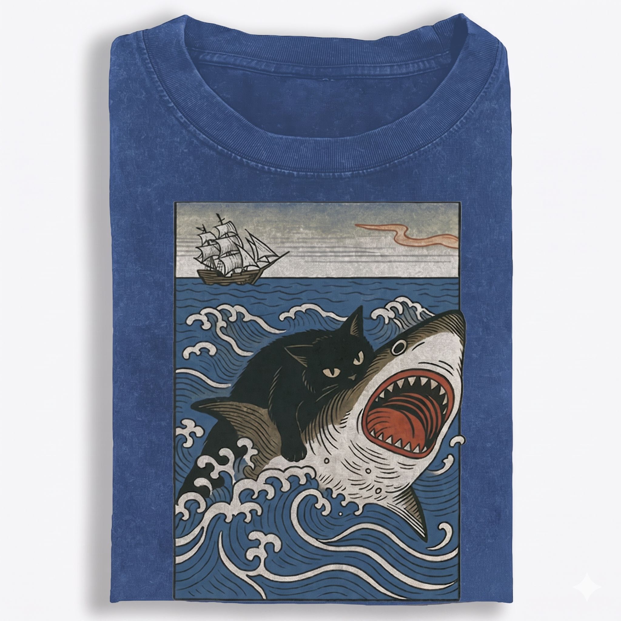 Ukiyo-e Cat Riding Shark Retro Washed T-Shirt | 100% Cotton | Streetwear Essential