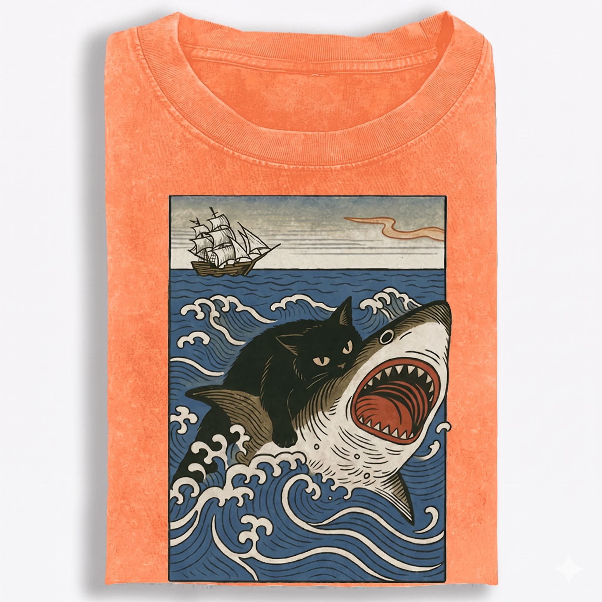 Ukiyo-e Cat Riding Shark Retro Washed T-Shirt | 100% Cotton | Streetwear Essential