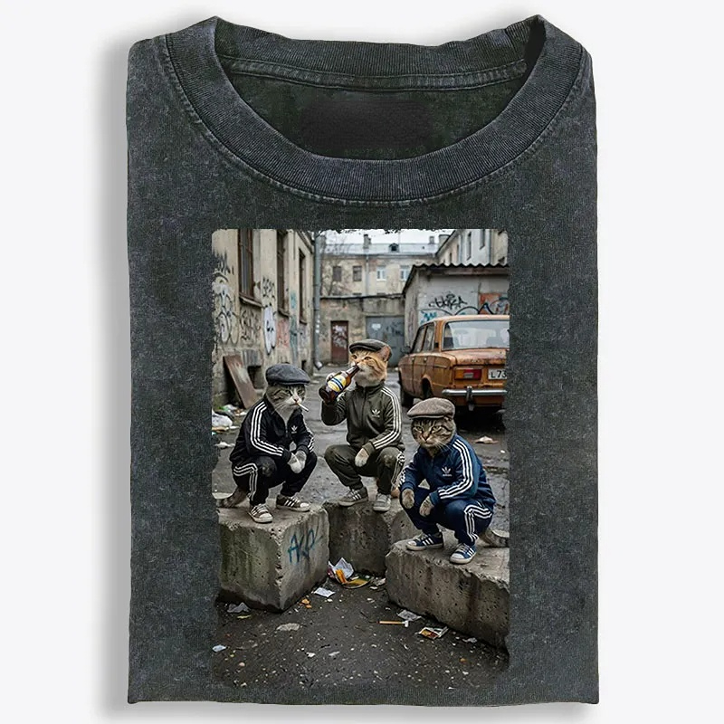 Slav Cat Crew Hardcore Retro Washed T-Shirt | 100% Cotton | Streetwear Essential