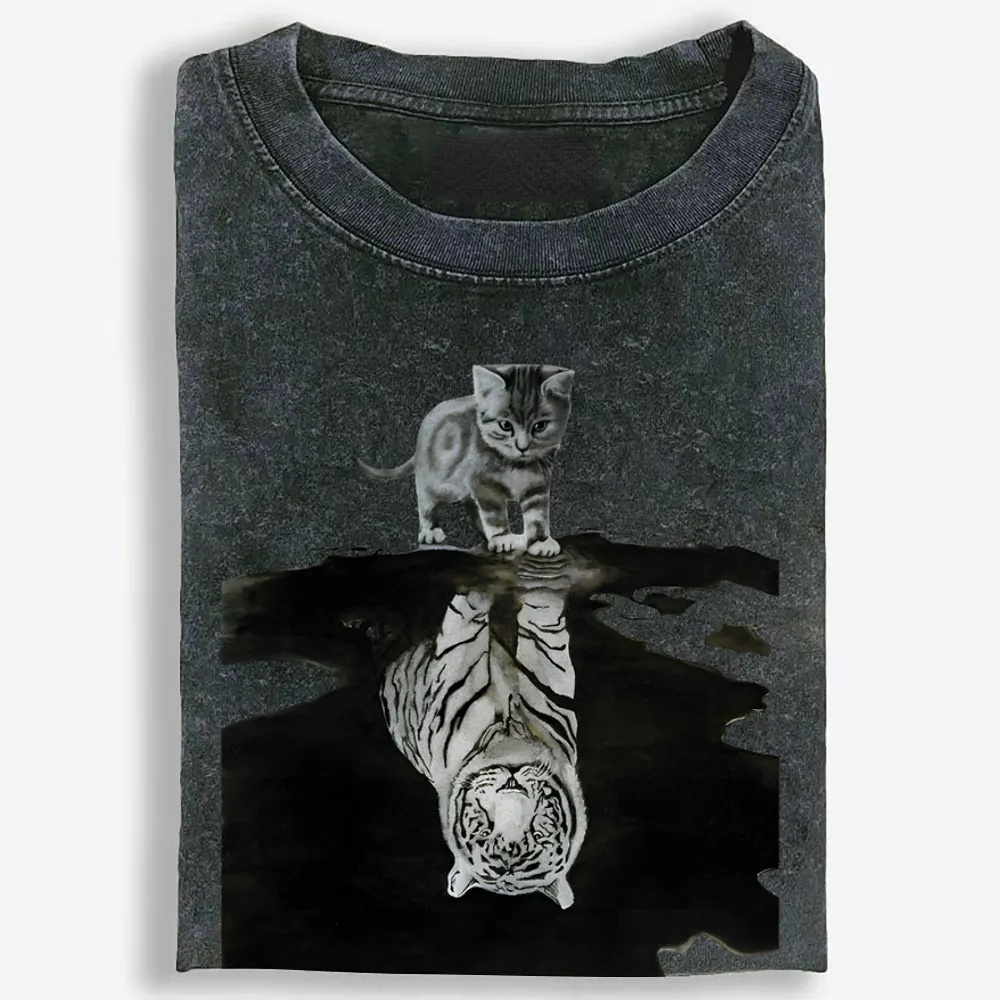 Tiger Shadow Kitten Retro Washed T-Shirt | 100% Cotton | Streetwear Essential