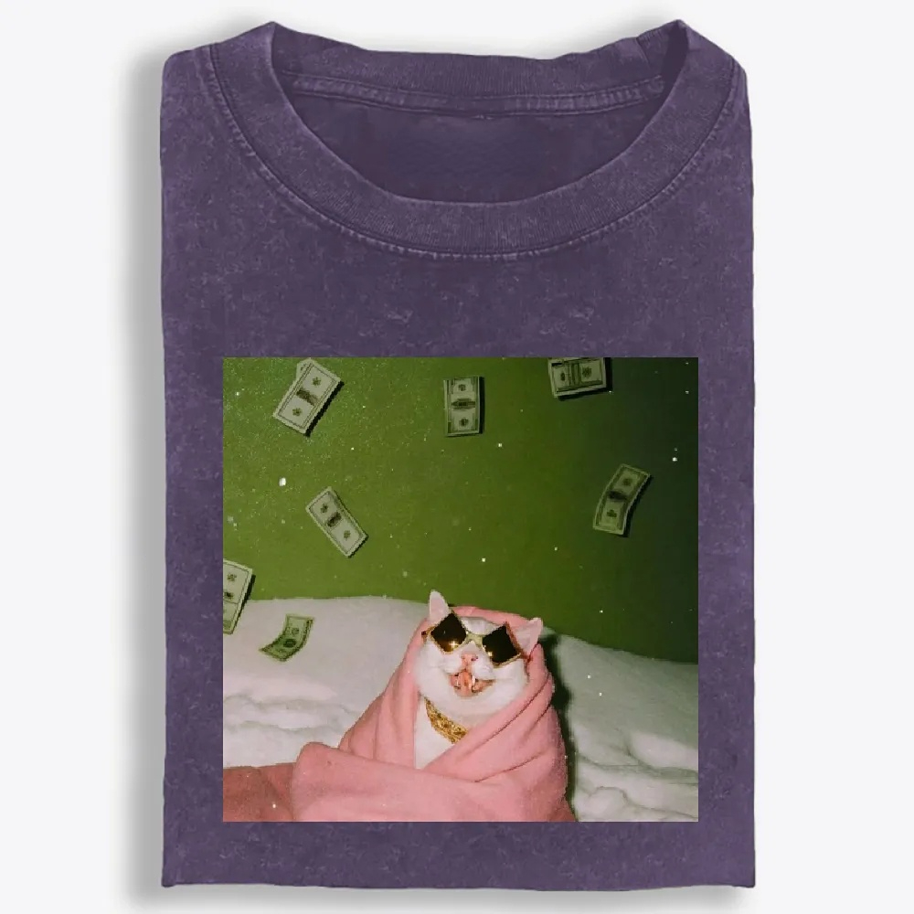Rich Cat with Money Retro Washed T-Shirt | 100% Cotton | Streetwear Essential