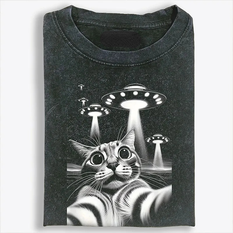 Cat Selfie with UFOs Sci-Fi Retro Washed T-Shirt | 100% Cotton | Streetwear Essential