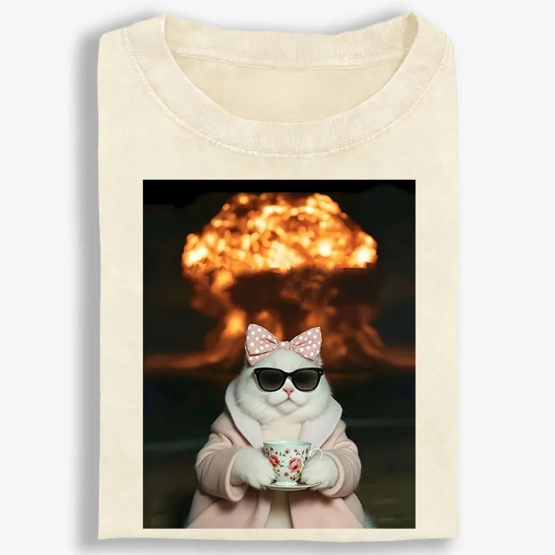 Cat with Tea & Nuclear Explosion Retro Washed T-Shirt | 100% Cotton | Streetwear Essential