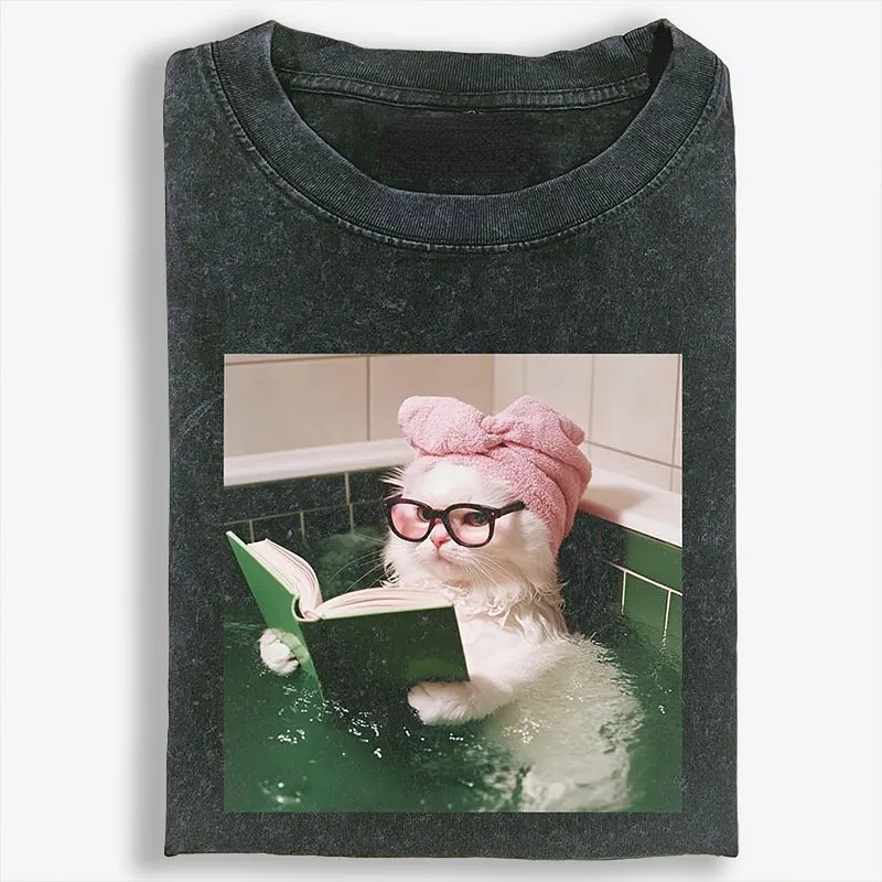 Bathtub Reading Cat Aesthetic Retro Washed T-Shirt | 100% Cotton | Streetwear Essential