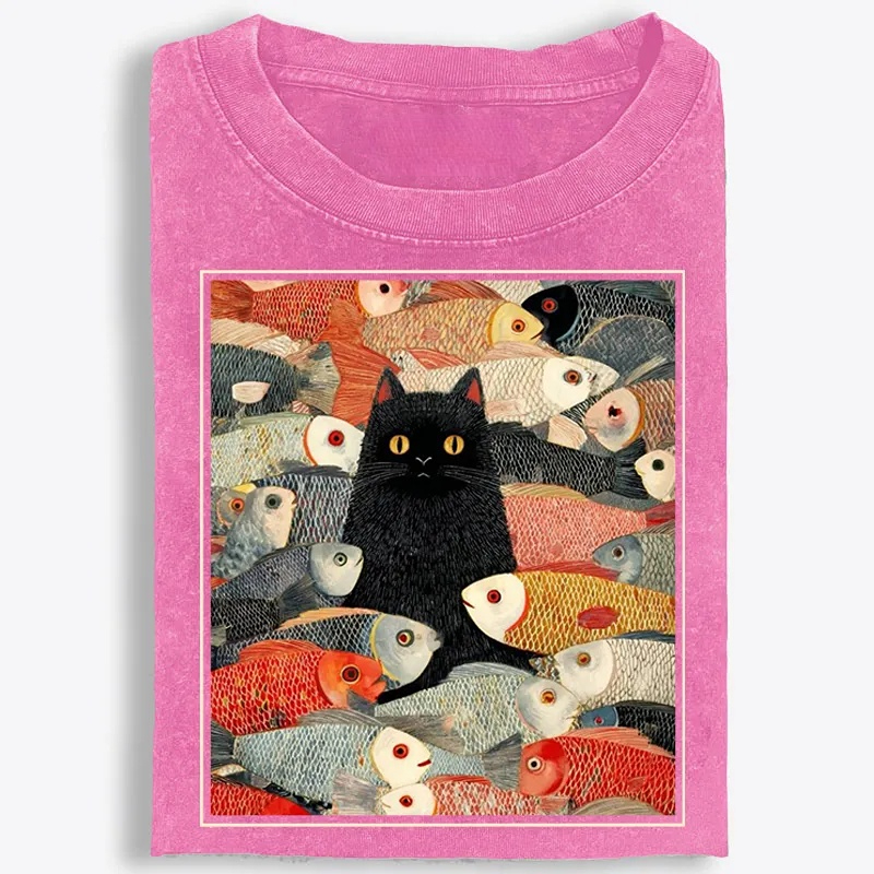 Black Cat Among Fish Art Retro Washed T-Shirt | 100% Cotton | Streetwear Essential