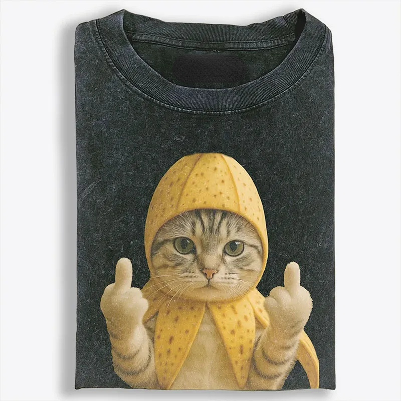 Banana Cat Middle Finger Meme Retro Washed T-Shirt | 100% Cotton | Streetwear Essential