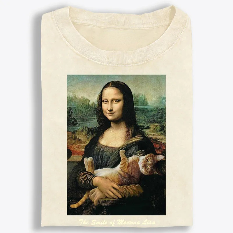 Meowna Lisa Mona Lisa Cat Parody Retro Washed T-Shirt | 100% Cotton | Streetwear Essential