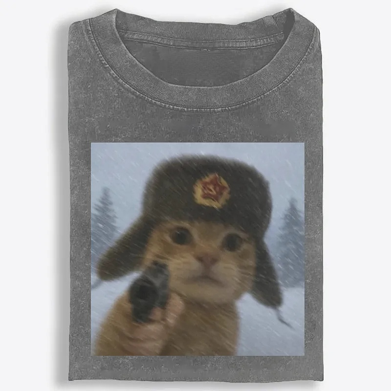 Soviet Ushanka Cat Retro Washed T-Shirt | 100% Cotton | Streetwear Essential
