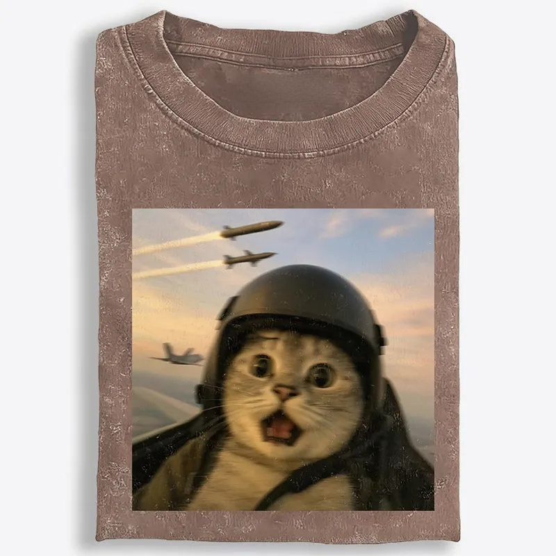 Fighter Jet Cat Pilot Meme Retro Washed T-Shirt | 100% Cotton | Streetwear Essential