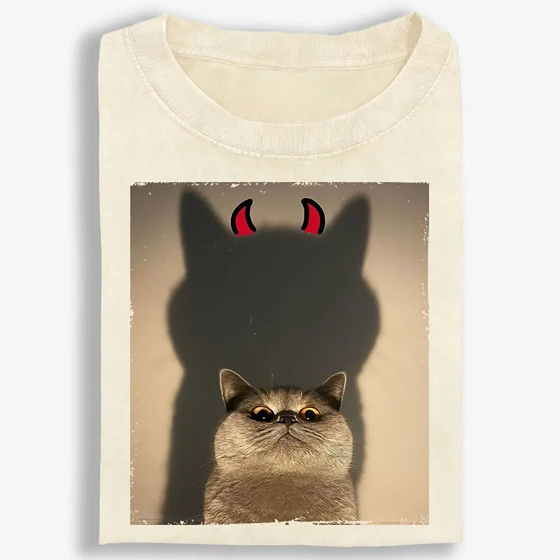 Demon Shadow Cat Meme Retro Washed T-Shirt | 100% Cotton | Streetwear Essential