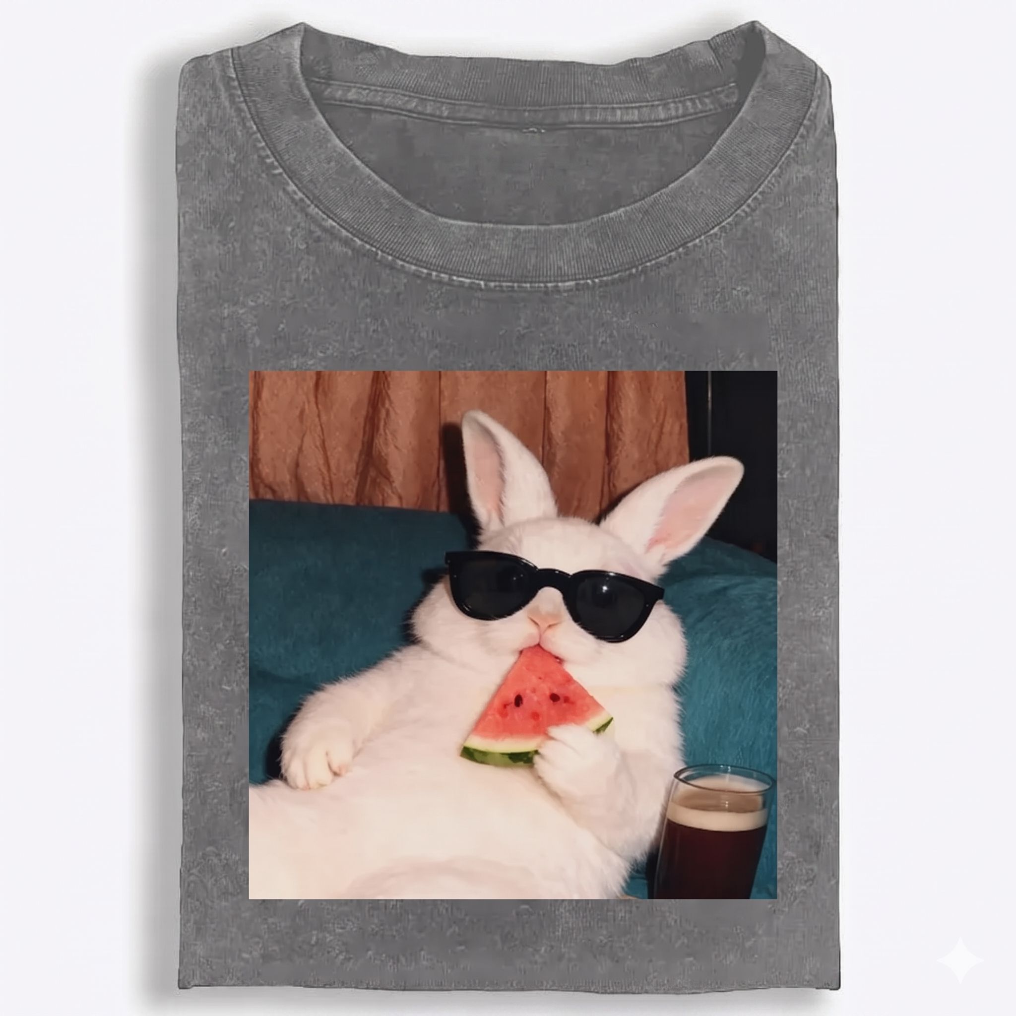 Rabbit Eating Watermelon Sunglasses Retro Washed T-Shirt | 100% Cotton | Streetwear Essential