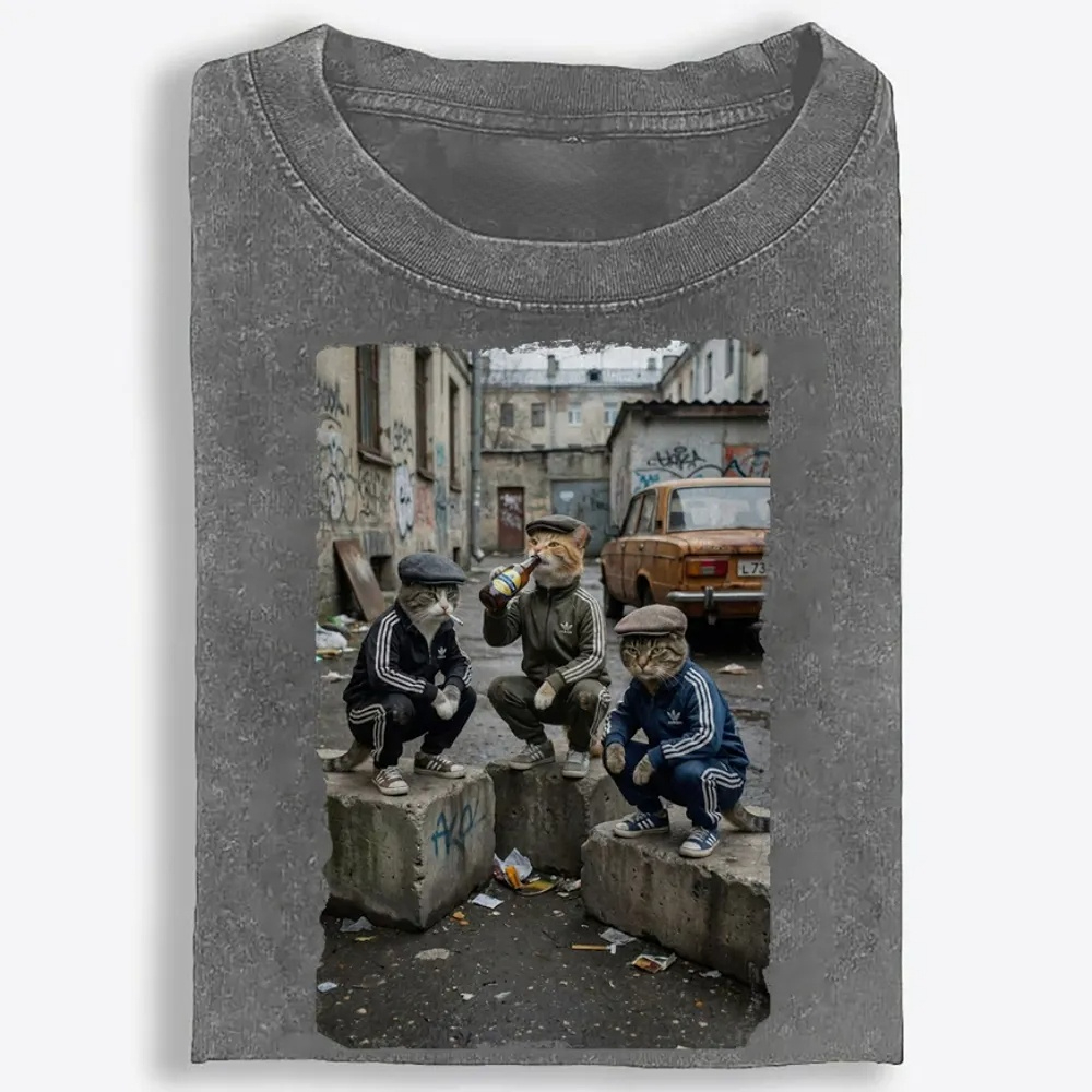 Slav Cat Crew Hardcore Retro Washed T-Shirt | 100% Cotton | Streetwear Essential