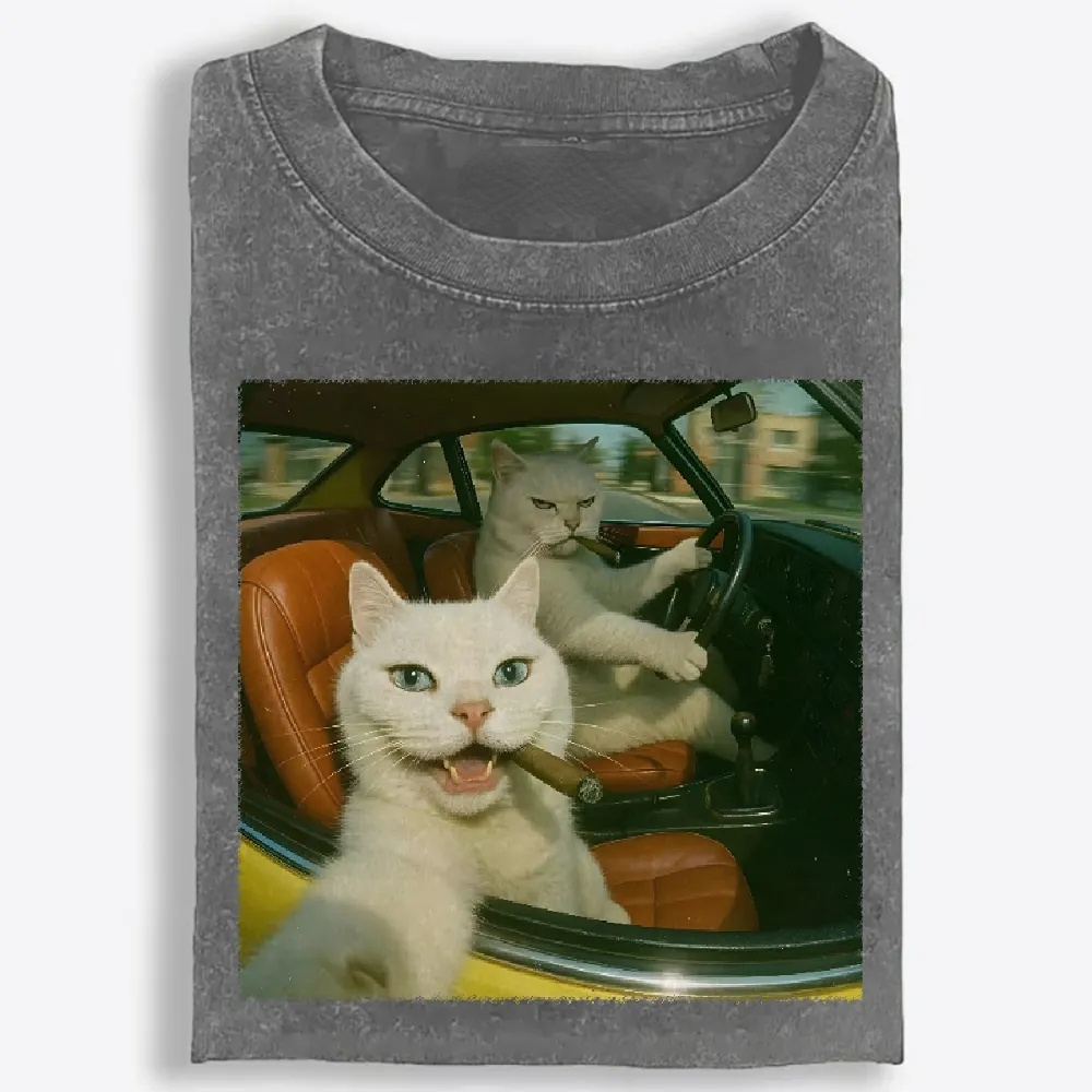 Cats With Cigars, Retro Vibes Washed T-Shirt | 100% Cotton | Streetwear Essential