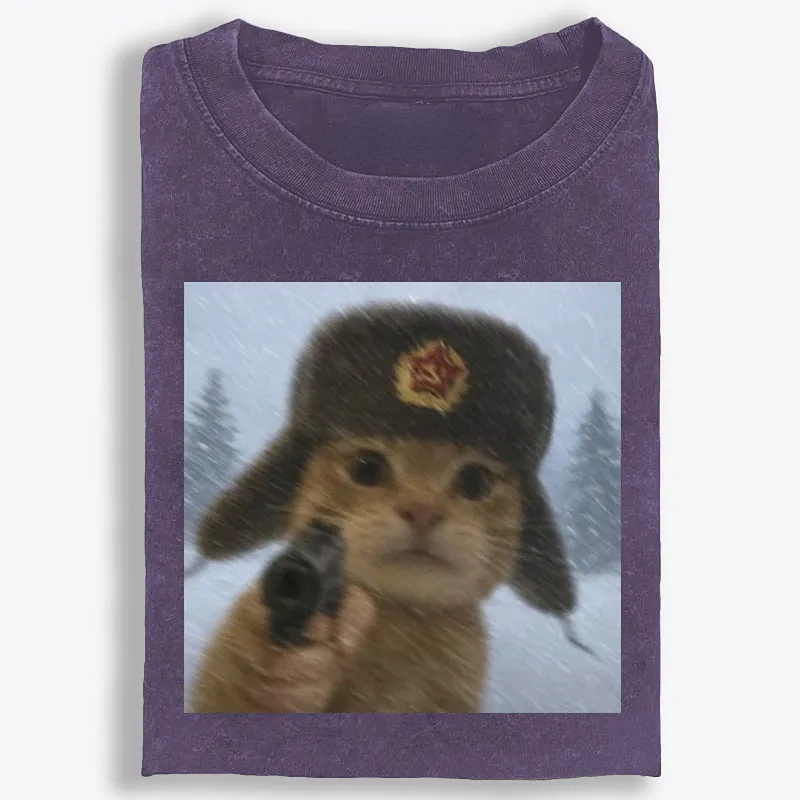 Soviet Ushanka Cat Retro Washed T-Shirt | 100% Cotton | Streetwear Essential