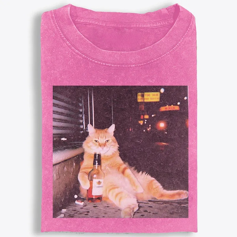 Street Drunk Cat Meme Retro Washed T-Shirt | 100% Cotton | Streetwear Essential