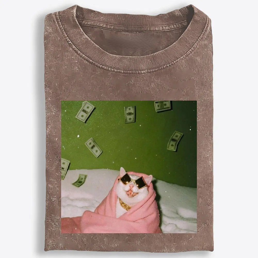 Rich Cat with Money Retro Washed T-Shirt | 100% Cotton | Streetwear Essential