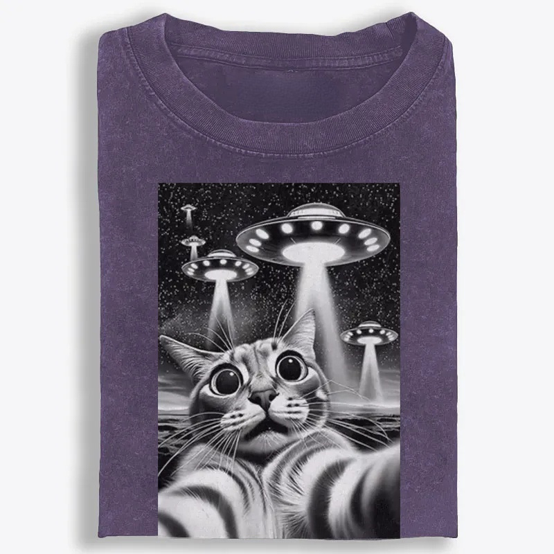 Cat Selfie with UFOs Sci-Fi Retro Washed T-Shirt | 100% Cotton | Streetwear Essential