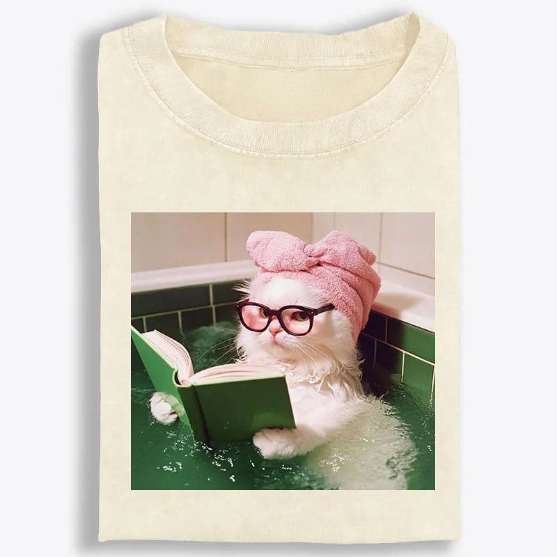 Bathtub Reading Cat Aesthetic Retro Washed T-Shirt | 100% Cotton | Streetwear Essential