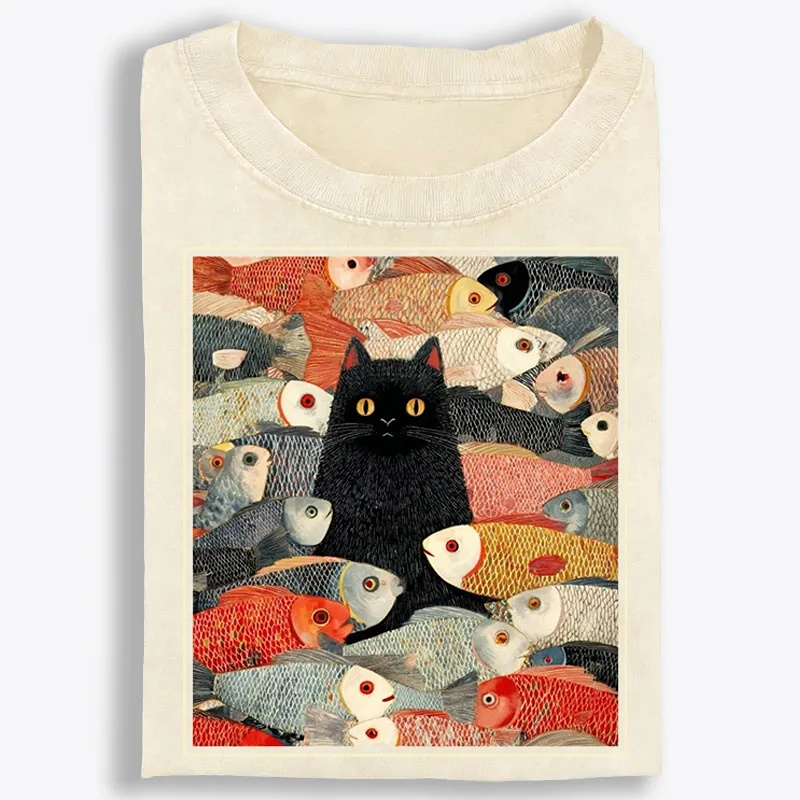 Black Cat Among Fish Art Retro Washed T-Shirt | 100% Cotton | Streetwear Essential